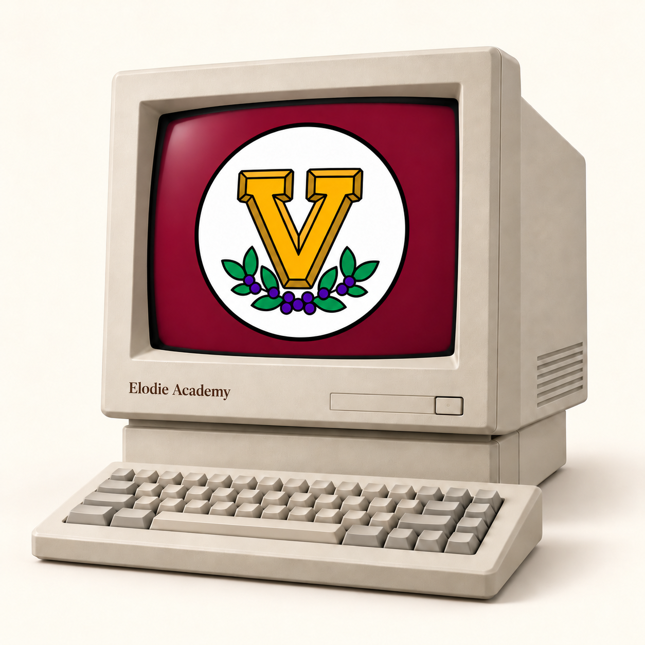 Classic cream computer with the Durana crest on its screen and small Elodie Academy lettering on its body